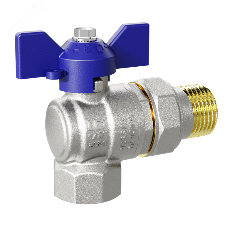 Кран шаровой латунный угловой со сгоном Ду15 Ру40 (1/2′) ВР/НР синяя ручка бабочка