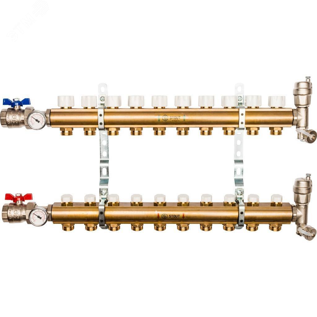 Коллектор распределительный из латуни без расходомеров 10 вых.