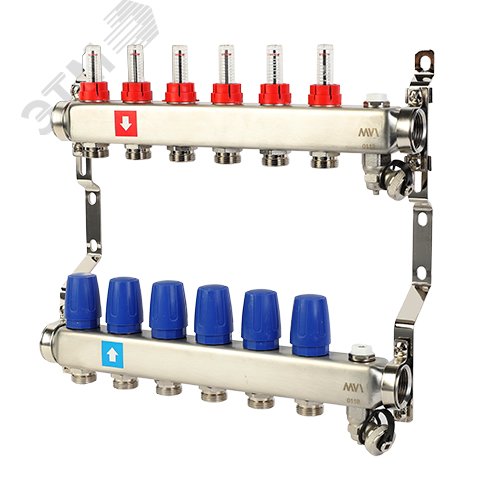 Коллекторная группа с расходомерами 1′ х 6 выходов 3/4′ НР евроконус с дренажным краном и воздухоотводчиком