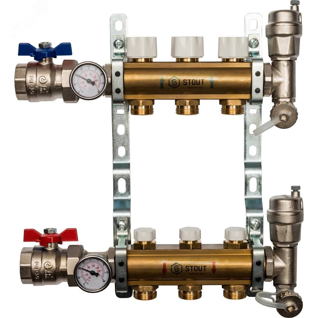 Коллектор распределительный из латуни без расходомеров 3 вых.