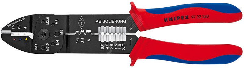 Пресс-клещи для резки и зачистки кабеля опрессовки кабельных наконечников и штекеров 3 гнезда обжим кабельных наконечников с изолятором и кабельных соединителей: 05-60 мм (AWG 20 — 10) j обжим штекеров открытых неизолированныеованных шириной 63 мм: 05 — 25 мм (AWG 20 — 13) рез медных и латунных шпилек: М26 3 35 4 и 5 L-240 мм чёрные 2-компонентные рукоятки блистер
