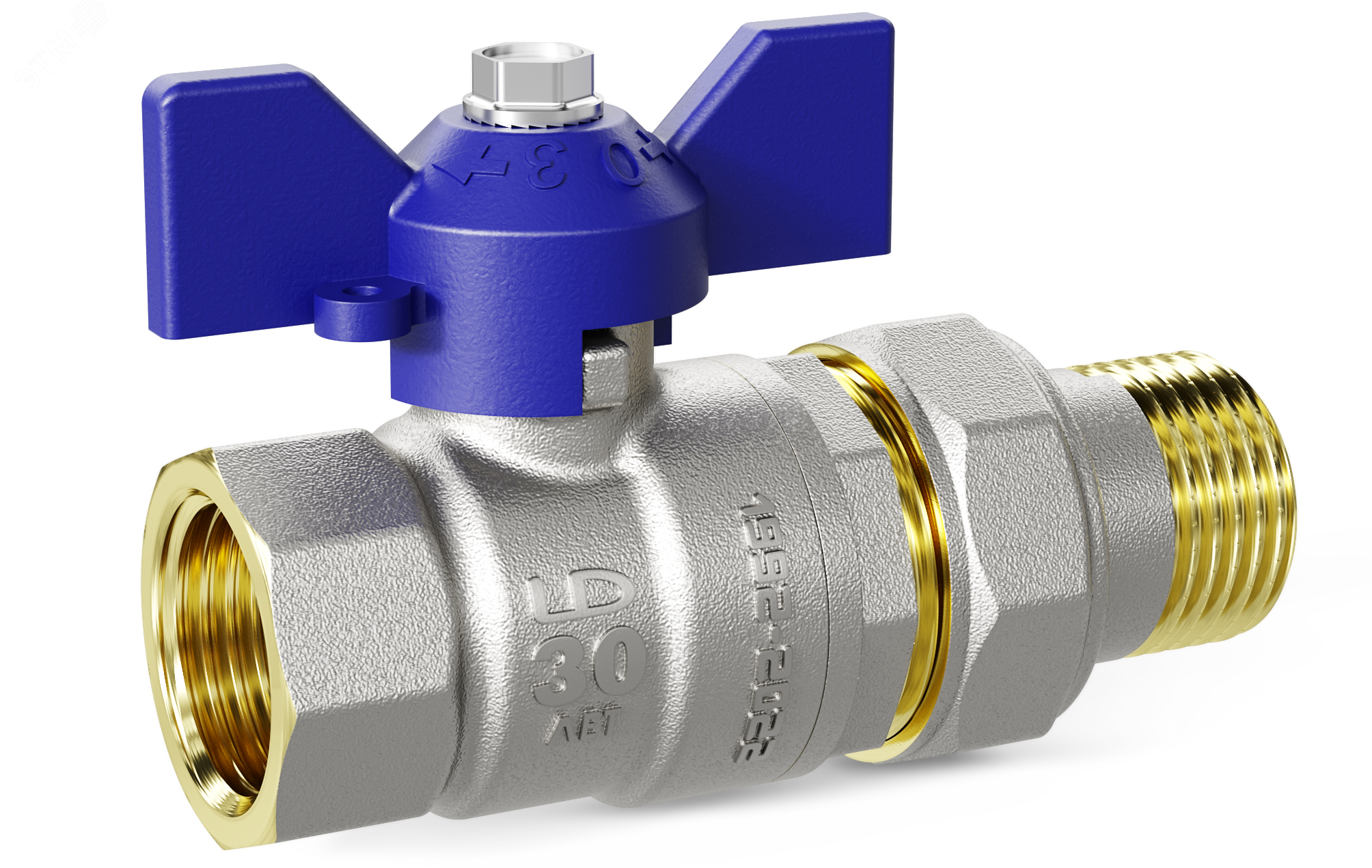 Кран шаровой латунный со сгоном Ду20 Ру40 (3/4′) ВР/НР синяя ручка бабочка
