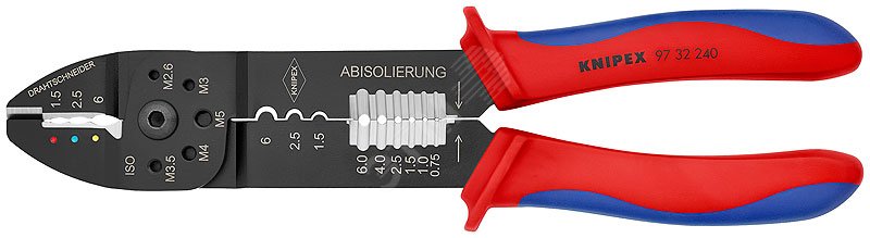 Пресс-клещи для резки и зачистки кабеля опрессовки кабельных наконечников и штекеров 3 гнезда обжим кабельных наконечников с изолятором и кабельных соединителей: 05-60 мм (AWG 20 — 10) j обжим кабельных наконечников без изолятора и кабельных соединителей: 05 — 60 мм (AWG 20 — 10) рез медных и латунных шпилек: М26 3 35 4 и 5 L-240 мм чёрные 2-компонентные рукоятки