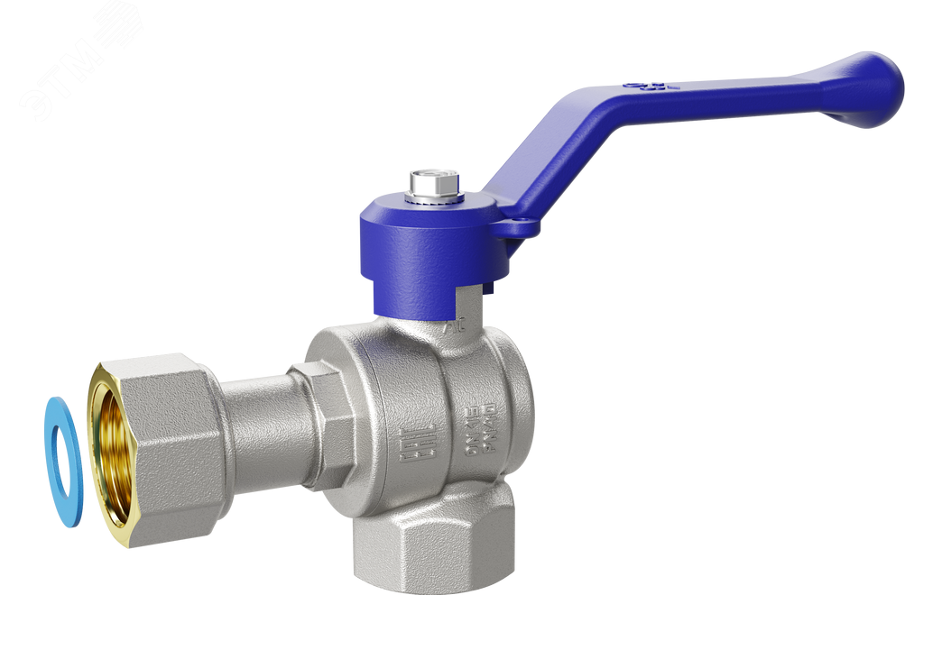 Кран шаровой латунный угловой с накидной гайкой Ду15 Ру40 (1/2′) ВВ синяя ручка бабочка