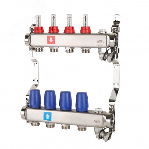 Коллекторная группа с расходомерами 1′ х 4 выхода 3/4′ НР евроконус с дренажным краном и воздухоотводчиком