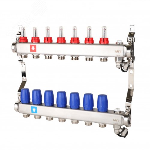 Коллекторная группа с расходомерами 1′ х 7 выходов 3/4′ НР евроконус с дренажным краном и воздухоотводчиком