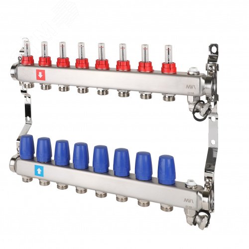 Коллекторная группа с расходомерами 1′ х 8 выходов 3/4′ НР евроконус с дренажным краном и воздухоотводчиком