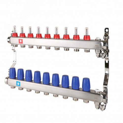 Коллекторная группа с расходомерами 1′ х 9 выходов 3/4′ НР евроконус с дренажным краном и воздухоотводчиком