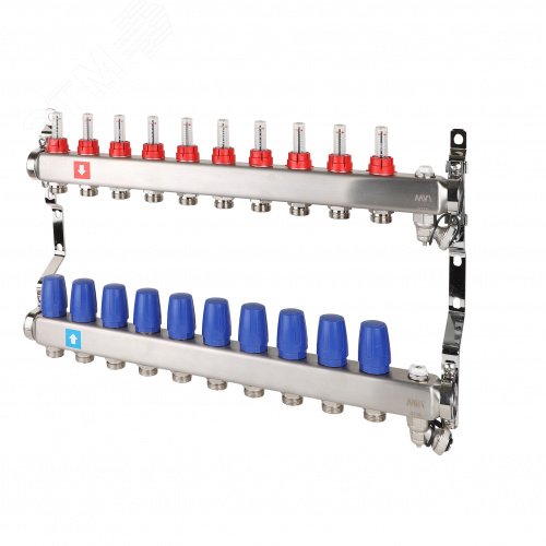 Коллекторная группа с расходомерами 1′ х 10 выходов 3/4′ НР евроконус с дренажным краном и воздухоотводчиком