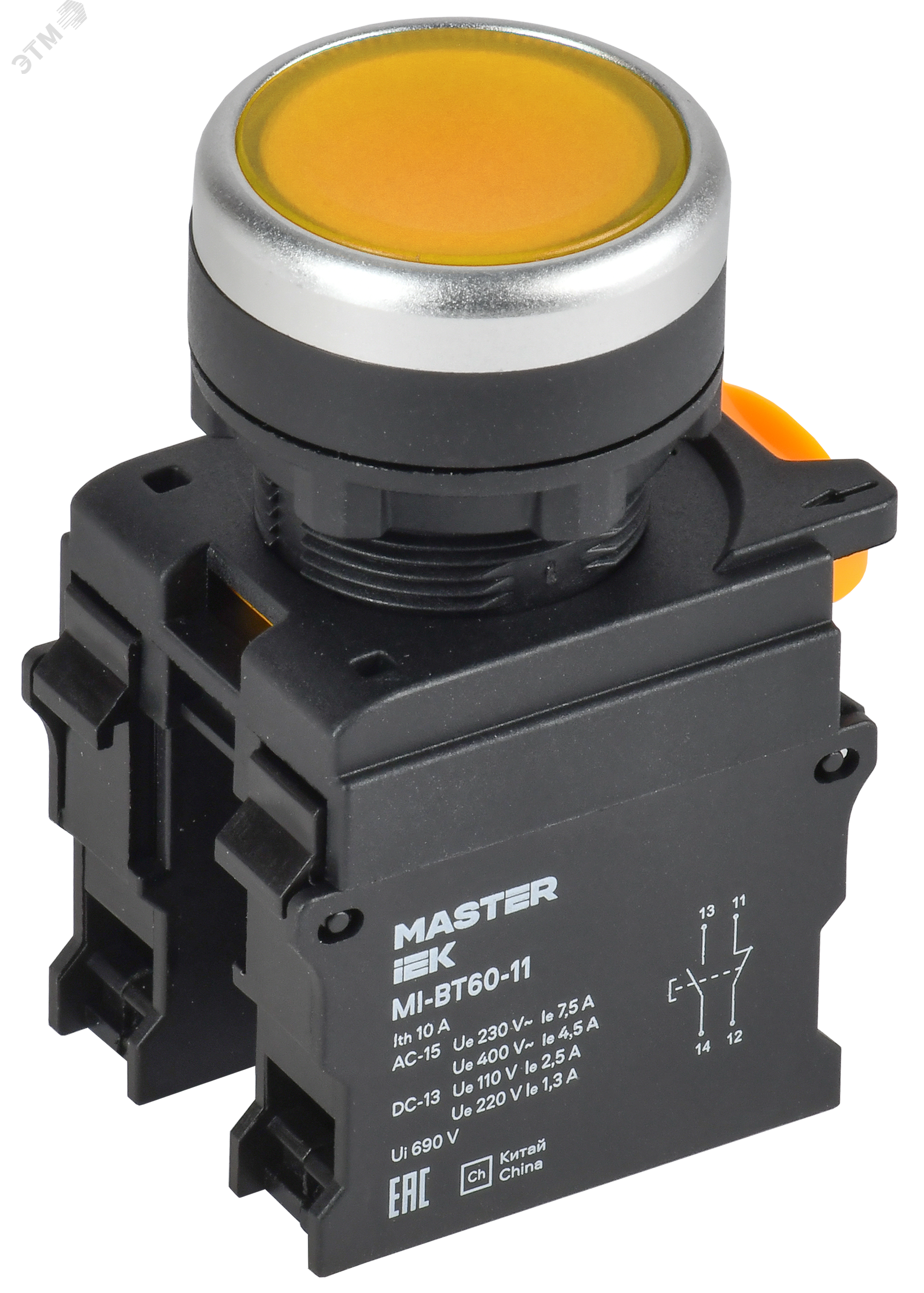 Кнопка d=22мм 1NO+1NC жёлтая MASTER IEK