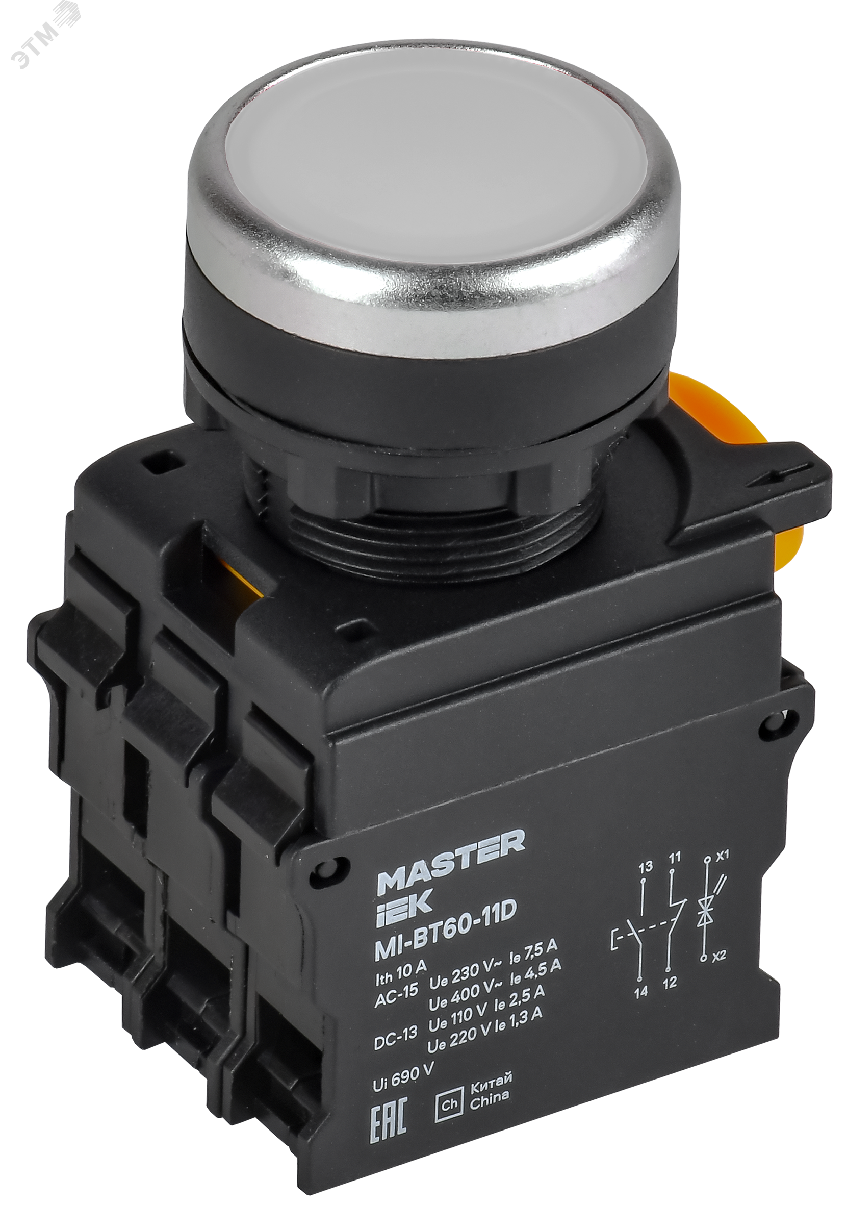 Кнопка с подсветкой d=22мм 1NO+1NC белая MASTER IEK