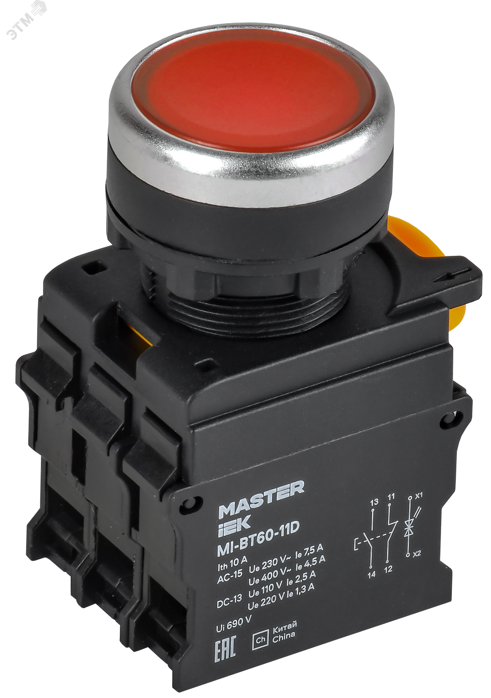 Кнопка с подсветкой d=22мм 1NO+1NC красная MASTER IEK