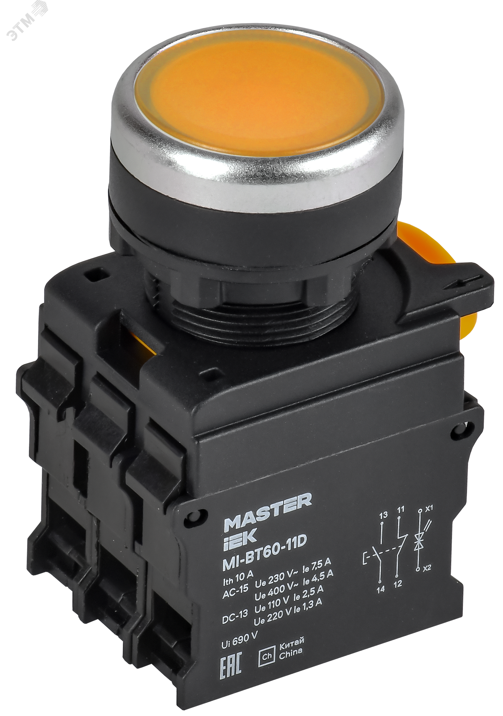 Кнопка с подсветкой d=22мм 1NO+1NC жёлтая MASTER IEK