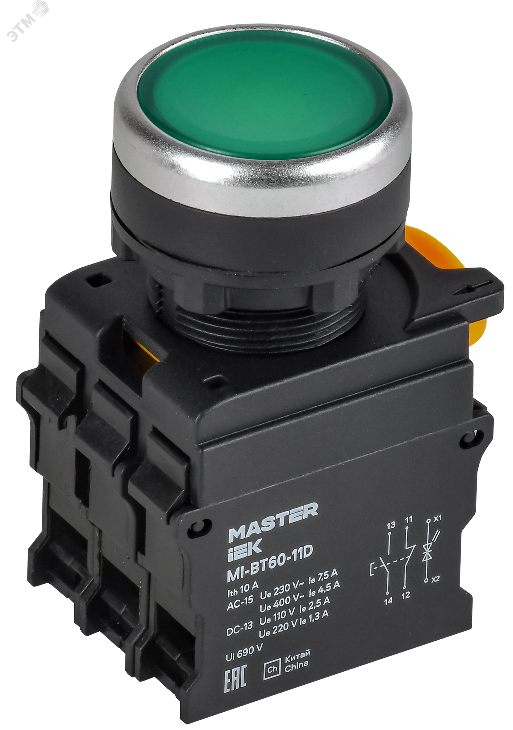 Кнопка с подсветкой d=22мм 1NO+1NC зелёная MASTER IEK