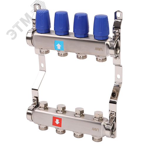 Коллекторная группа с ручными регулировочными клапанами 1′ х 4 выхода 3/4′ НР евроконус