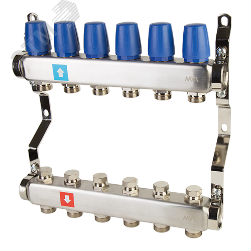 Коллекторная группа с ручными регулировочными клапанами 1′ х 6 выходов 3/4′ НР евроконус