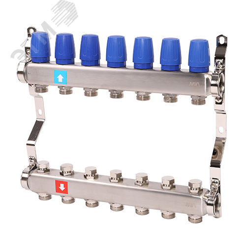 Коллекторная группа с ручными регулировочными клапанами 1′ х 7 выходов 3/4′ НР евроконус