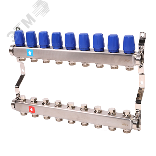 Коллекторная группа с ручными регулировочными клапанами 1′ х 9 выходов 3/4′ НР евроконус