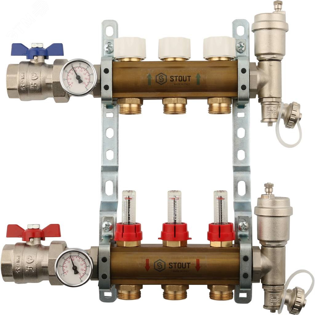 Коллекторная группа латунная 1′ на 3 выходов со встроенными расходомерами