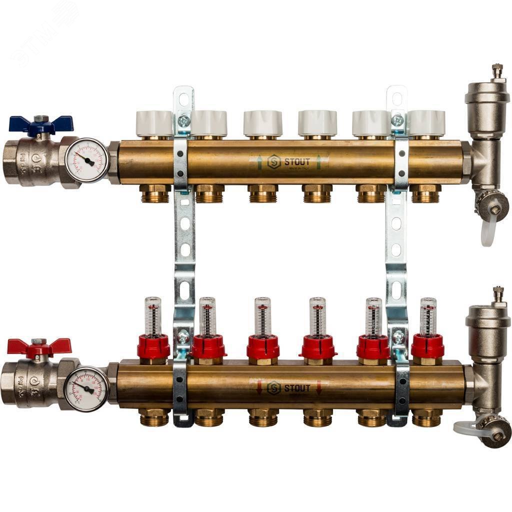 Коллекторная группа латунная 1′ на 6 выходов со встроенными расходомерами