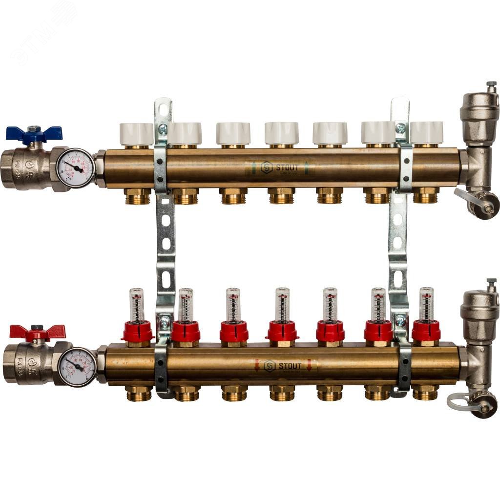 Коллекторная группа латунная 1′ на 7 выходов со встроенными расходомерами