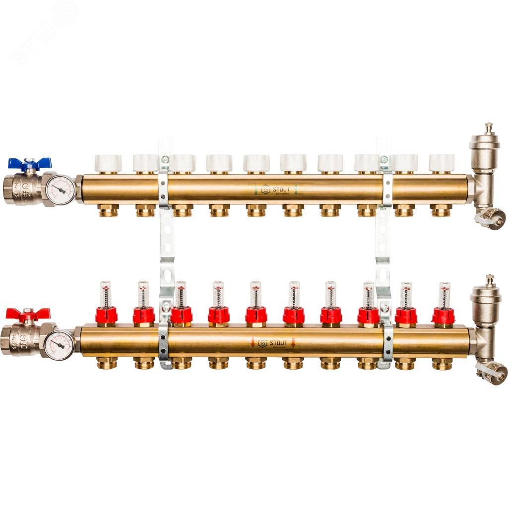 Коллекторная группа латунная 1′ на 10 выходов со встроенными расходомерами
