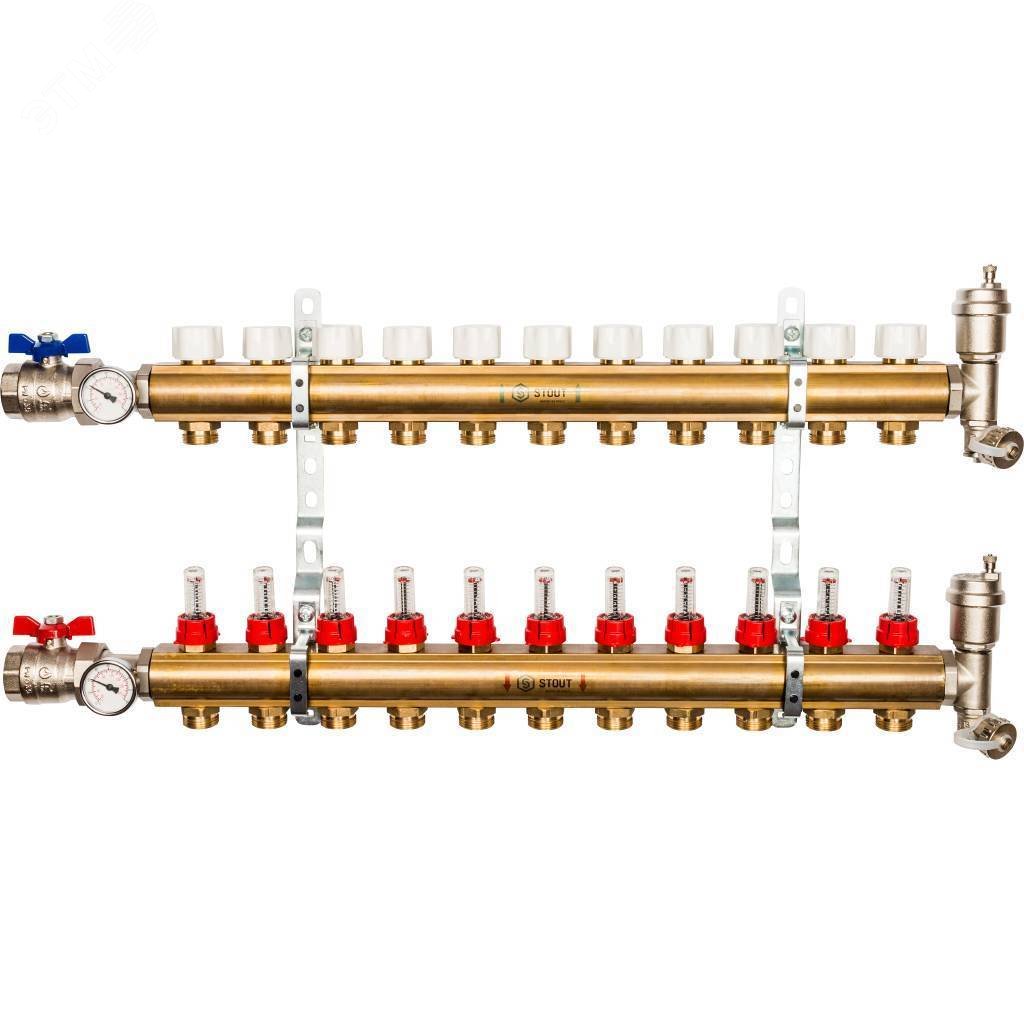 Коллекторная группа латунная 1′ на 11 выходов со встроенными расходомерами