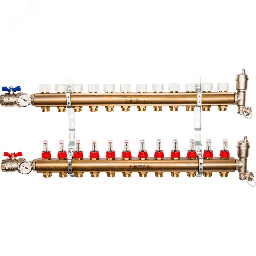 Коллекторная группа латунная 1′ на 12 выходов со втроенными расходомерами