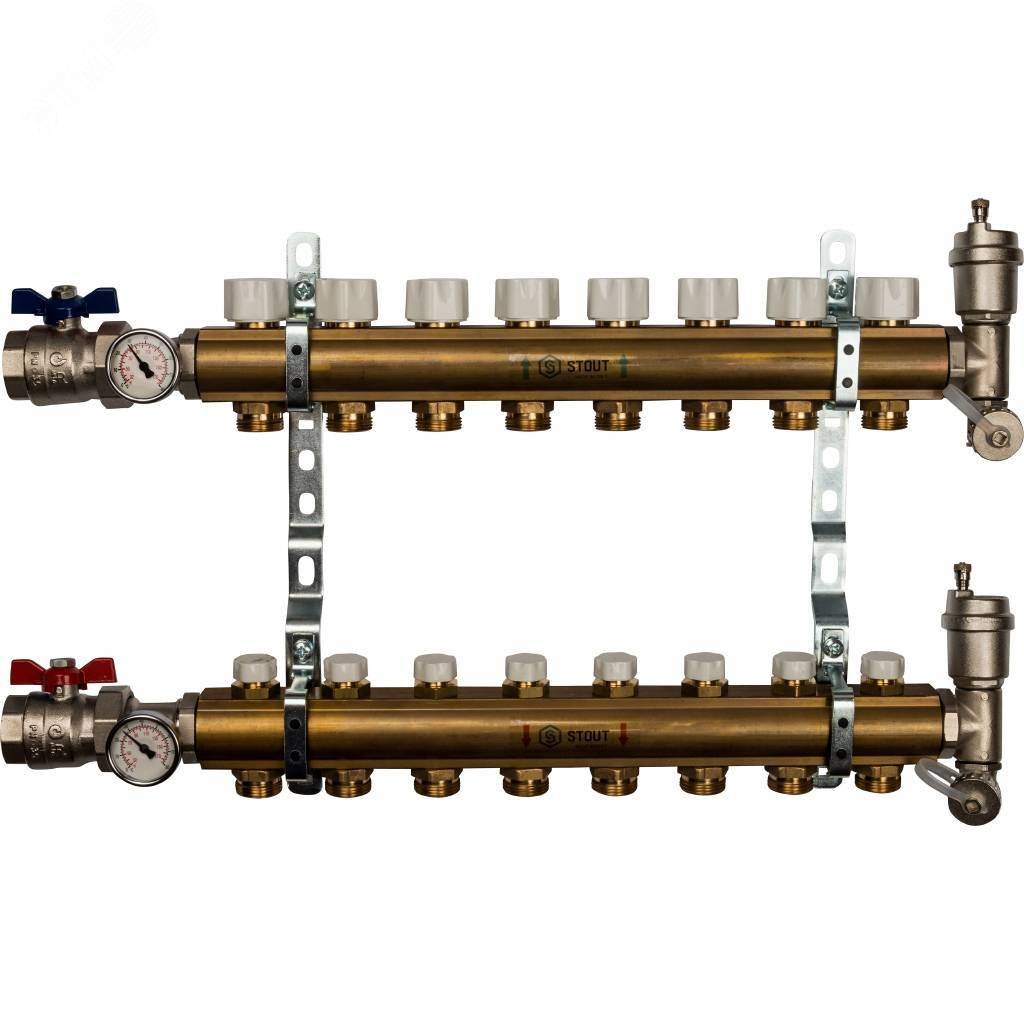 Коллектор распределительный на 8 выходов, без расходомеров, латунь