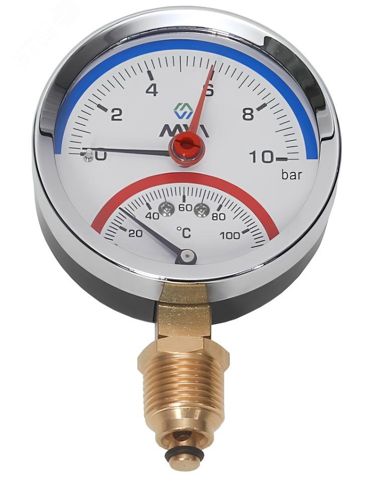 Термоманометр радиальный, до 10бар, от 0°C до 120 °C, диаметр корпуса 80 мм