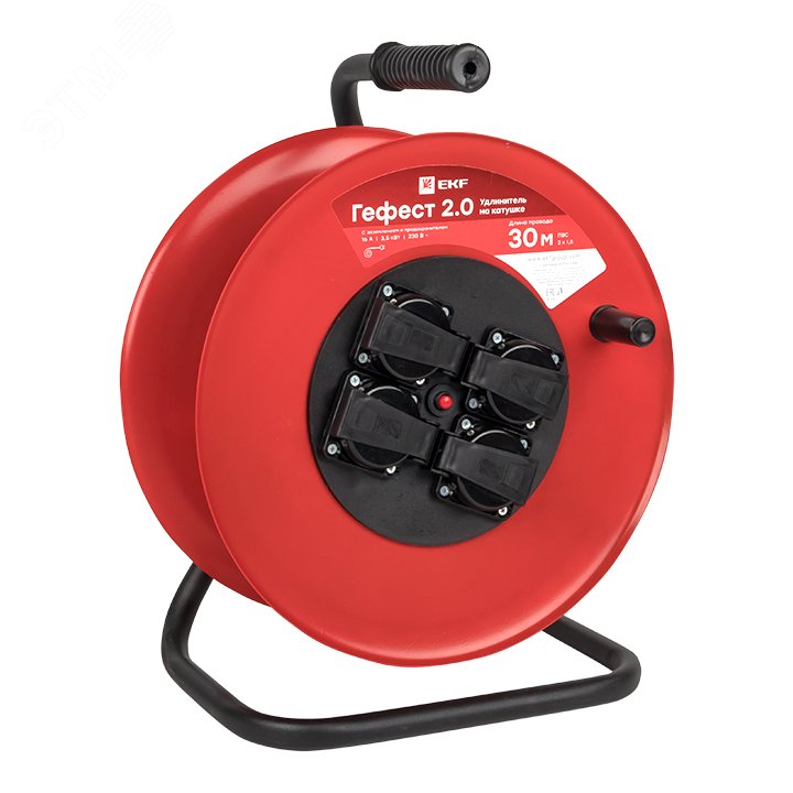 Купить Удлинитель на катушке Гефест 2.0 4 гнезда 30м с заземлением и предохранителем ПВС 3*1,5 16А/3,5к Вт IP44 PROxima в Казани Удлинитель на катушке Гефест 2.0 4 гнезда 30м с заземлением и предохранителем ПВС 3*1,5 16А/3,5к Вт IP44 PROxima