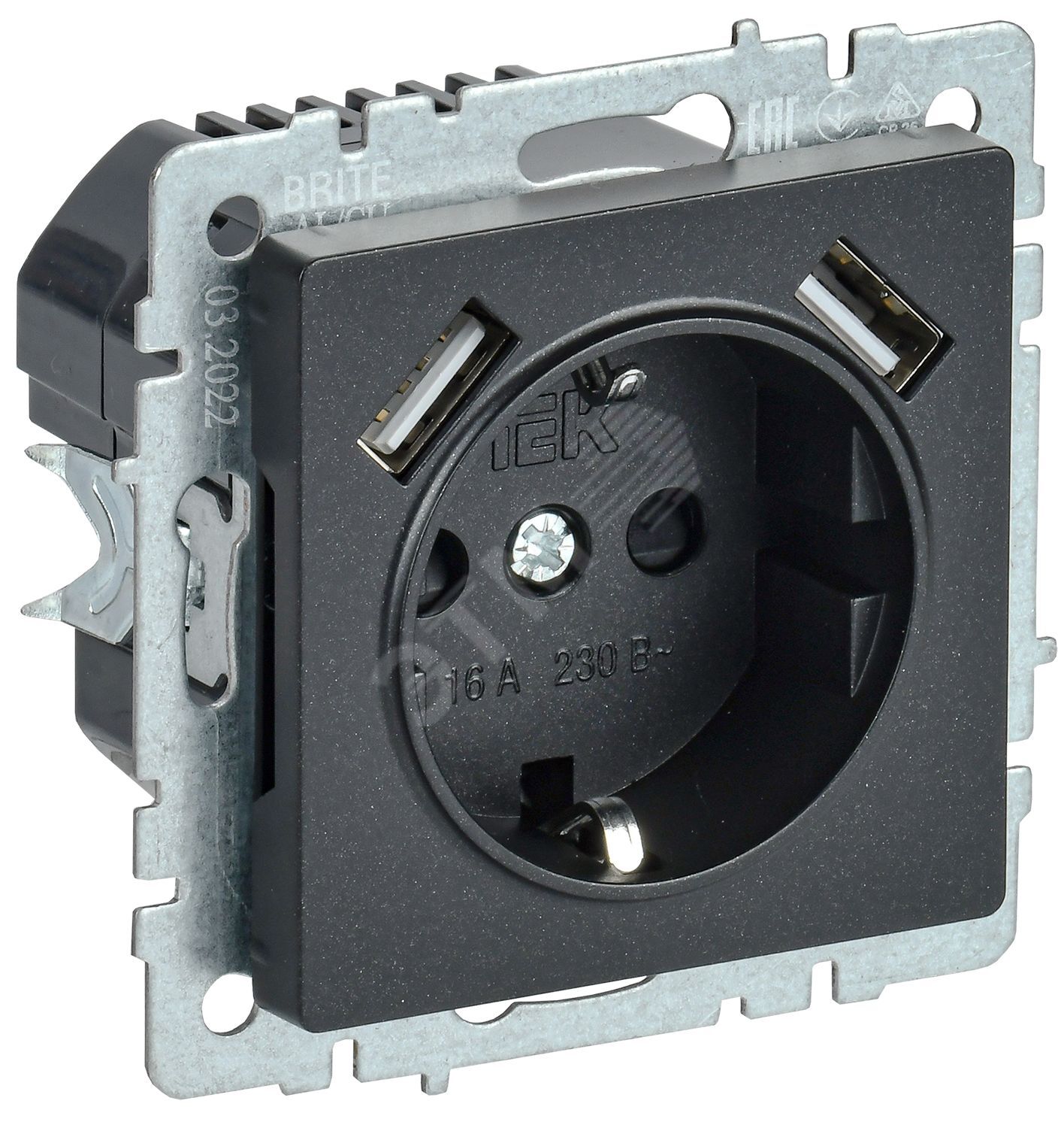 BRITE Розетка с заземлением с защитными шторками 16А с USB A+A 2,1А РЮш10-1-БрЧ черный
