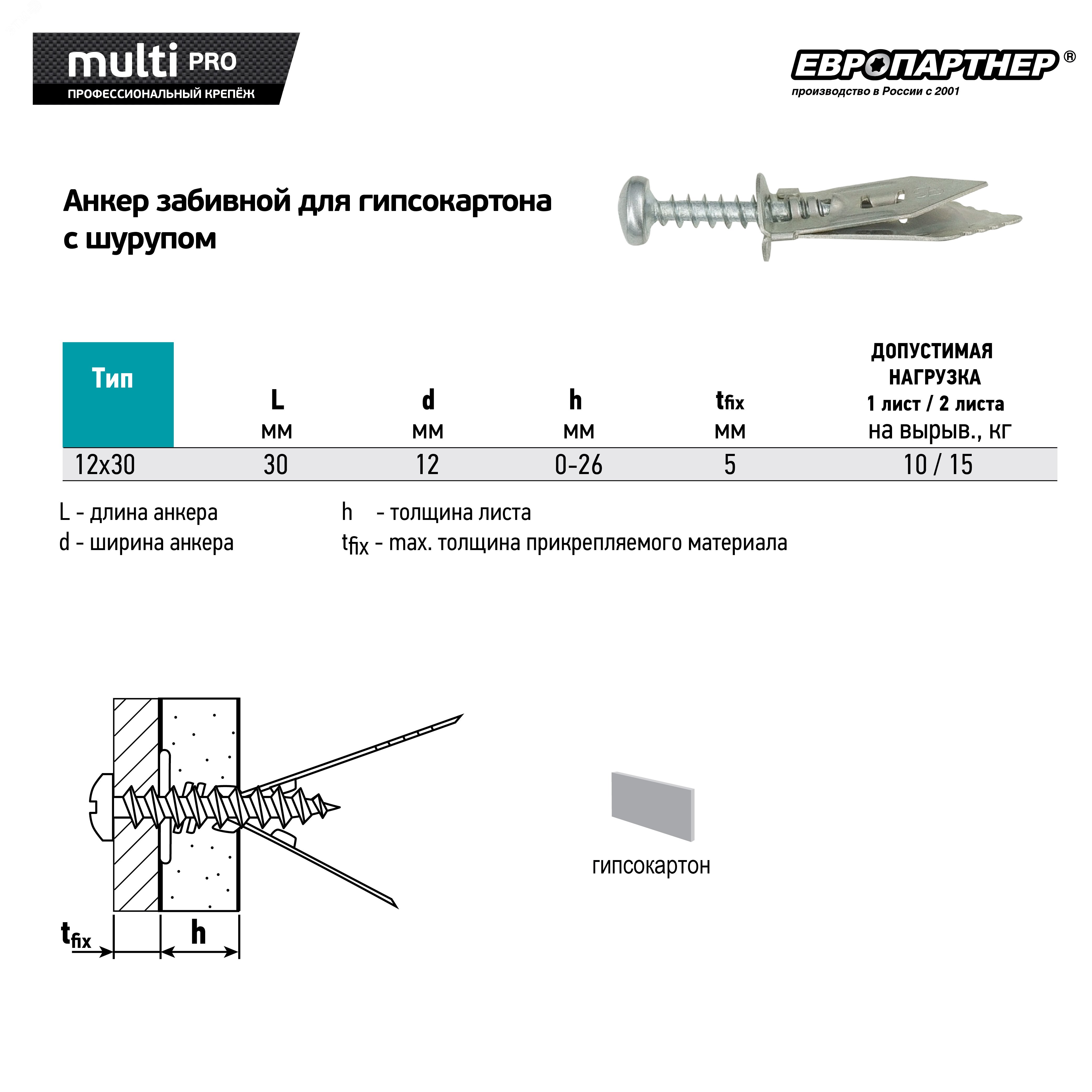 Купить Анкер LEGS забивной для гипсокартона MULTI PRO оцинкованный W12хL30мм с шурупом 4х25мм (10 шт.) в Казани Анкер LEGS забивной для гипсокартона MULTI PRO оцинкованный W12хL30мм с шурупом 4х25мм (10 шт.)