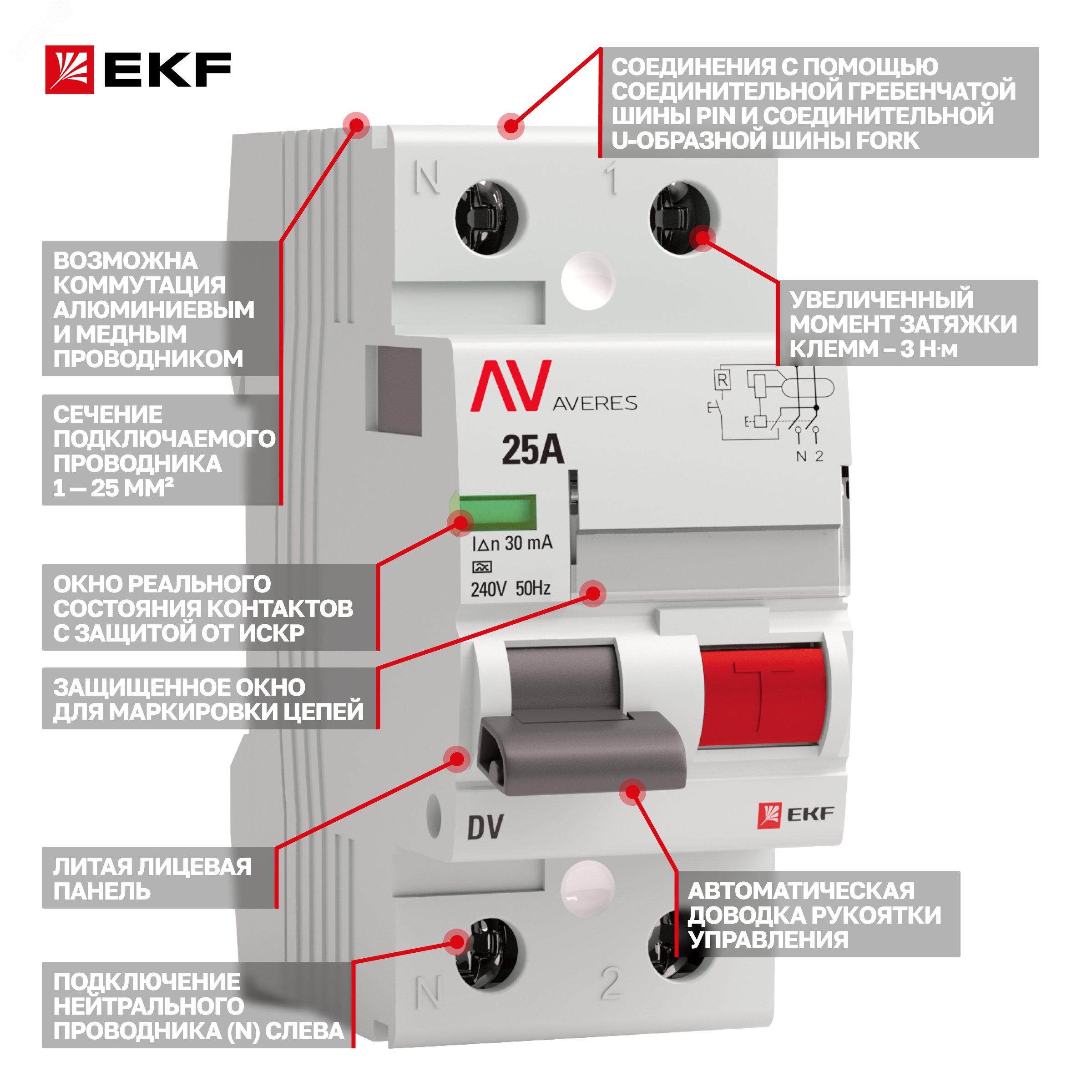 Купить Устройство защитного отключения DV 2P 25А/30мА (AC) AVERES в Казани Устройство защитного отключения DV 2P 25А/30мА (AC) AVERES