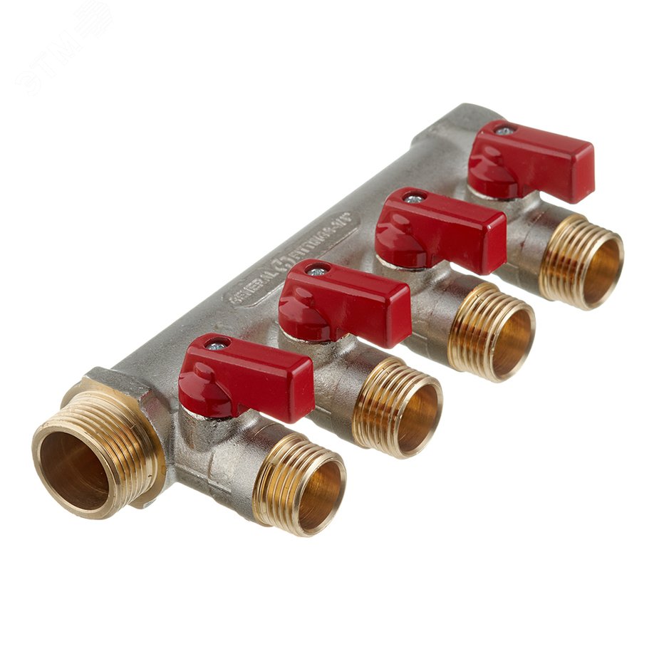Коллектор с шаровыми кранами 3/4′, 4 отвода 1/2′ (красные ручки) (RG0091AACQND3T)