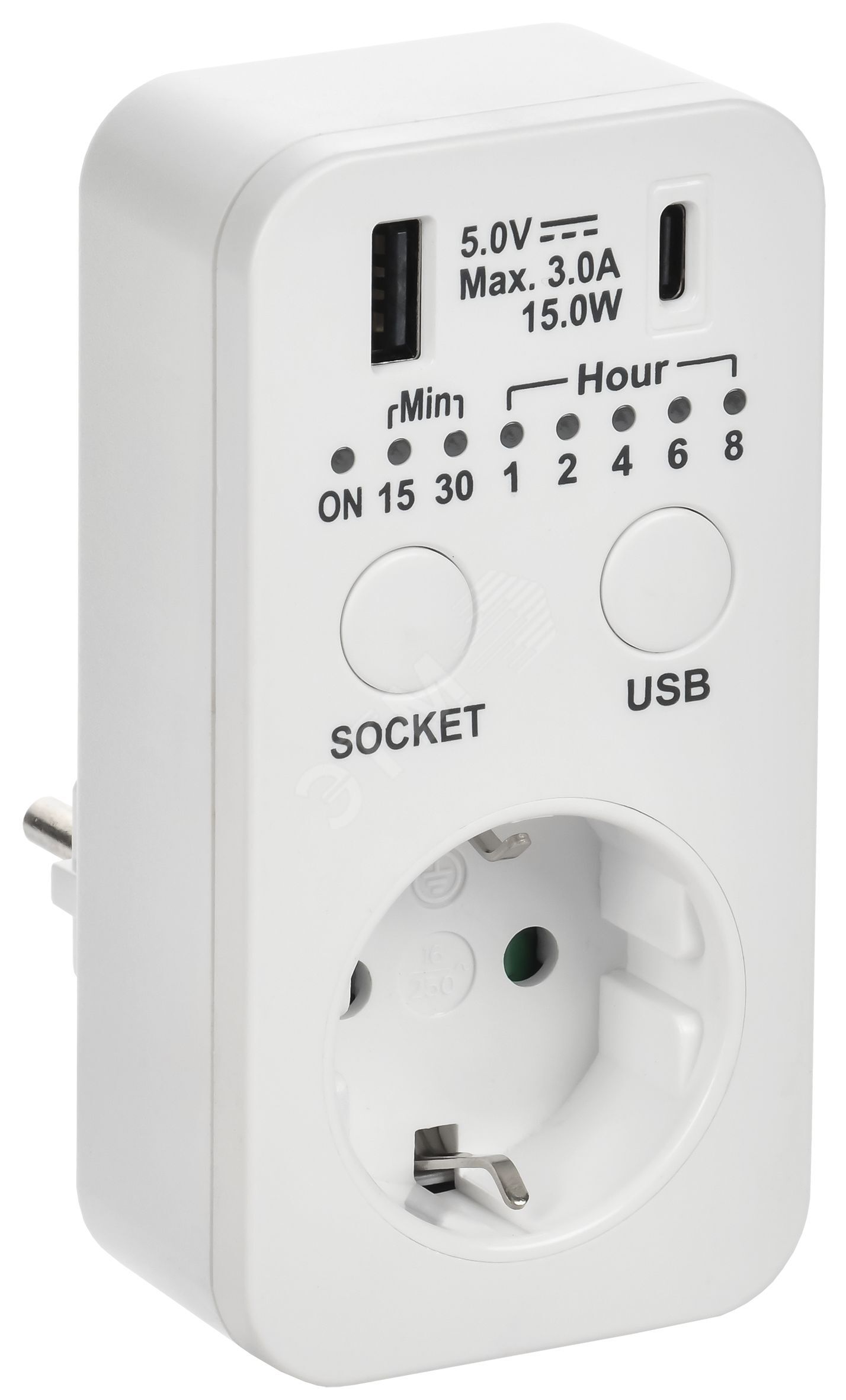 РТЭ-4 Розетка-таймер электронный с USB A+C        15мин-8ч 16А IP20 белый IEK