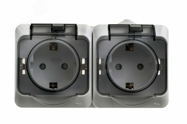 Купить ЭТЮД Розетка двойная наружная с заземлением со шторками IP44 серая в Казани ЭТЮД Розетка двойная наружная с заземлением со шторками IP44 серая