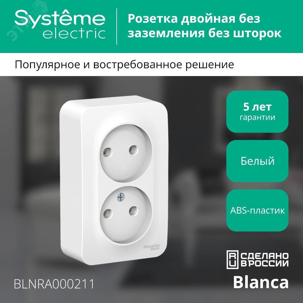 Купить BLANCA Розетка наружная двойная без заземления, без шторок, с изолирующей пластиной, 16А, 250В, белый в Казани BLANCA Розетка наружная двойная без заземления, без шторок, с изолирующей пластиной, 16А, 250В, белый