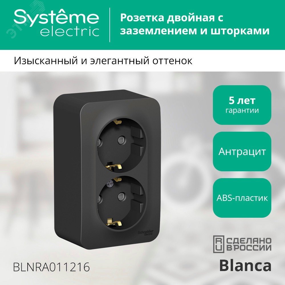 Купить BLANCA розетка наружная двойная с заземл. со шторк. изол.пл.,16а,250в,антрацит в Казани BLANCA розетка наружная двойная с заземл. со шторк. изол.пл.,16а,250в,антрацит
