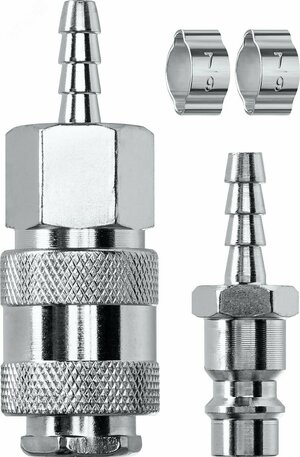 Набор (штуцер »елочка» 6 мм — рапид муфта) + (рапид штуцер-штуцер »елочка» 6 мм) + (обжимные хомуты 2 шт)