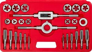 Набор метчиков и плашек в пластиковом боксе, сталь 9ХС 27 предметов