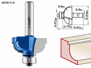 Фреза кромочная калевочная №7 31,8×17мм, радиус 8мм (28708-31.8)