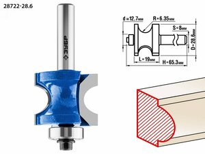 Фреза полустержневая с подшипником 28,6×19мм, радиус 6.3мм