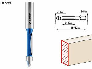 Фреза кромочная прямая со сверлом 6 x 19мм, хвостовик 8мм