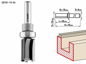 Фреза пазовая прямая с верхним подшипником 19×26мм, хвостовик 8мм (28781-19-26)