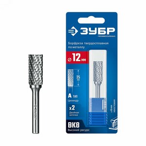 Борфреза твердосплавная, ПРОФЕССИОНАЛ тип А цилиндр с гладким торцом, 12х25 мм, хвостовик 6 мм