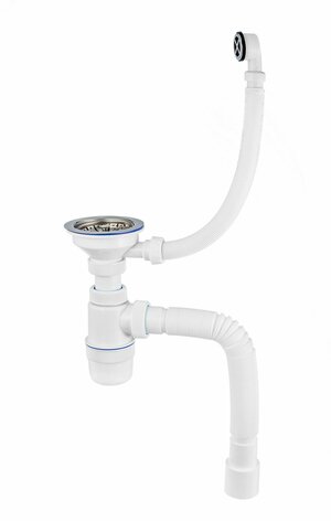 Сифон ЭЛИТ с нержавеющей чашкой D114 мм с круглым переливом и с гофротрубой L800 мм 3’1/2 — D40/50