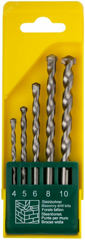 Набор сверл победитовых ударных, цилиндрический хвостовик, 5 шт (4-5-6-8-10 мм) (34567)