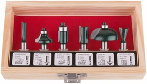 Фрезы по дереву кромочные, набор 6 шт, деревянный бокс, хвостовик 8 мм (36568)