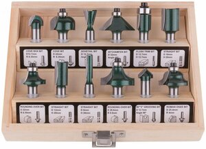 Фрезы по дереву кромочные, набор 12 шт, деревянный бокс, хвостовик 8 мм